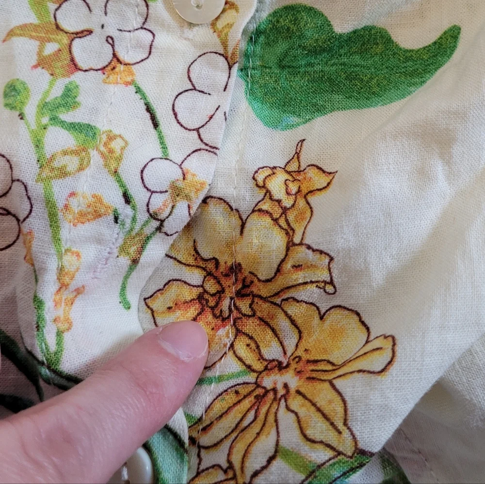 LAURA ASHELY LINEN BLEND BUTTON FRONT FLORAL PRINTED PUFF SLEEVE BOHO BLOUSE L - Picture 10 of 12